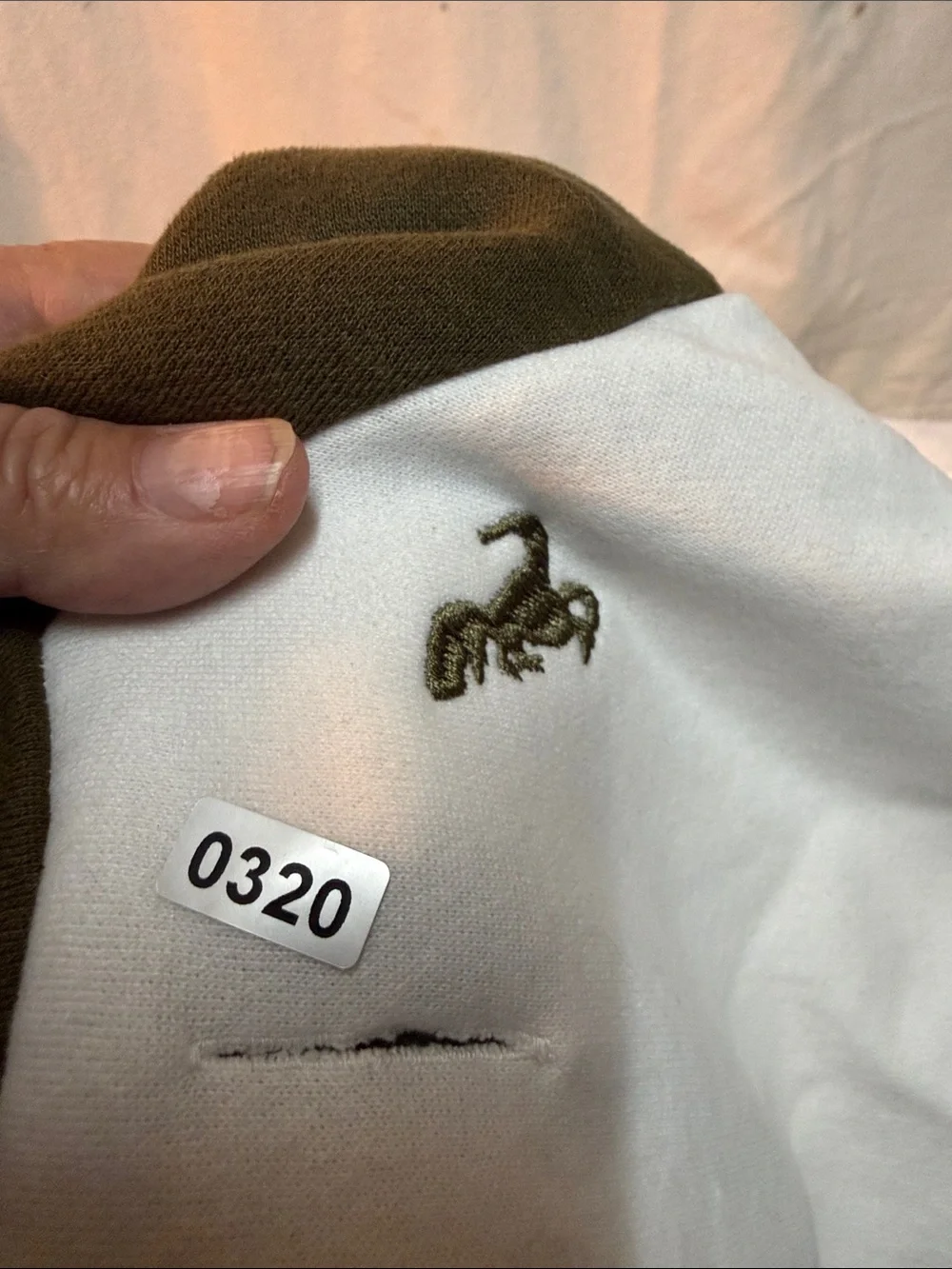 Two-Tone Olive Green & White Dog Hoodie with Embroidered Dinosaur